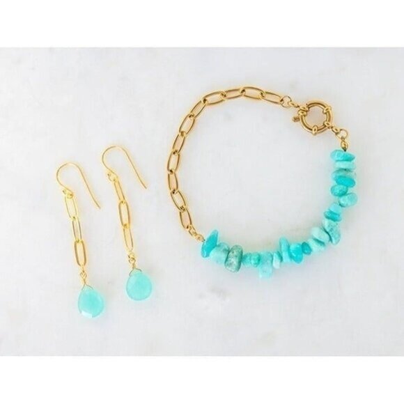 BUNDLE Aqua Chalcedony Drop Earrings & Amazonite Gemstone Bracelet Gold Chain - Picture 2 of 12